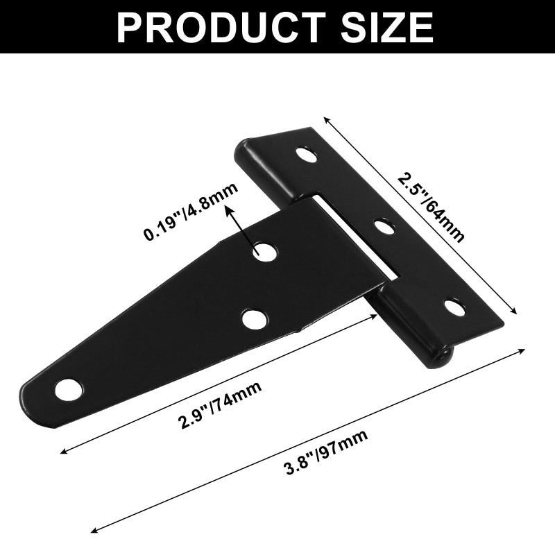 Murtenze 12Pack 3 Inch Black T-Strap Shed Hinge,Barn Door Hinges Heavy Duty Gate Strap Hinge T Hinges for Barn Door, Shed or Wooden Fences - Image 2